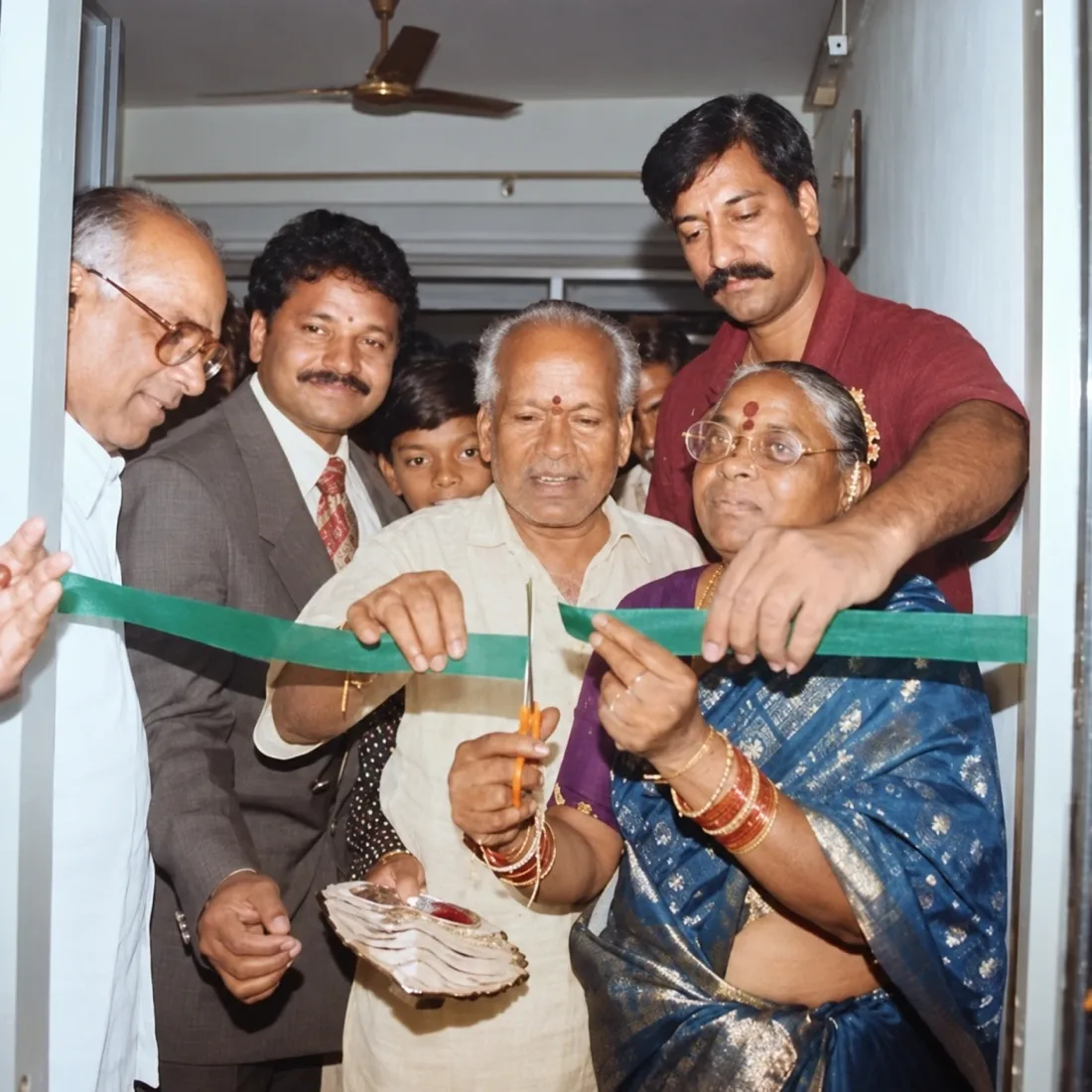 The ribbon being cut at the opening of Mathrusree Homoeo Care in February 2002